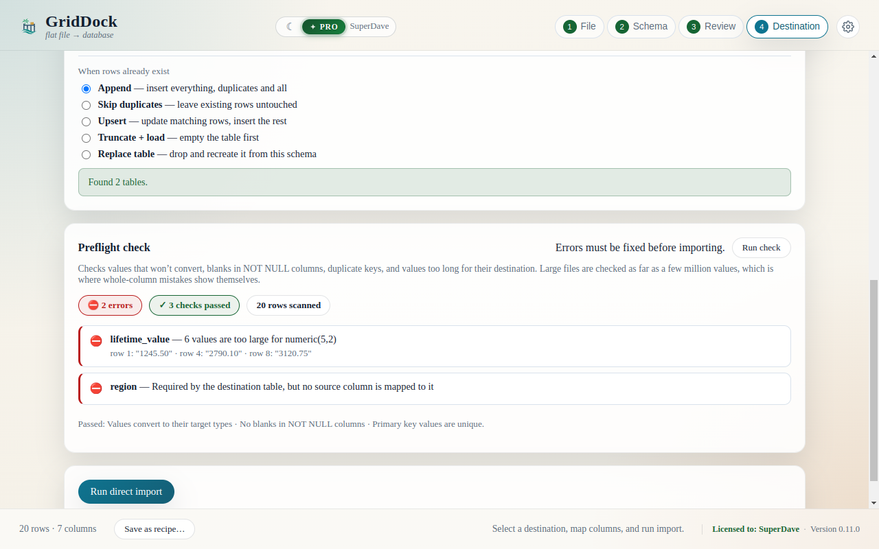 GridDock's preflight report naming what would break before an import runs