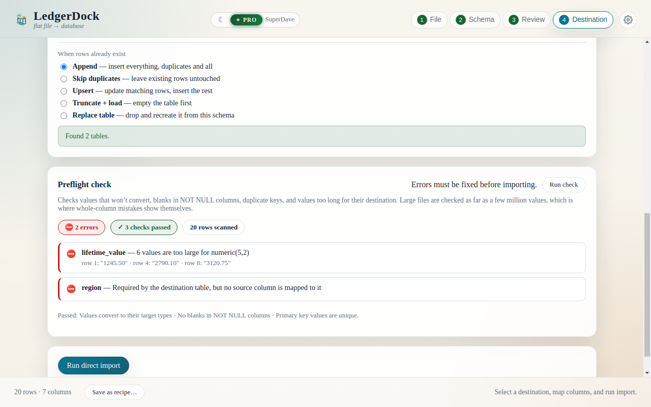 LedgerDock's preflight report naming what would break before an import runs