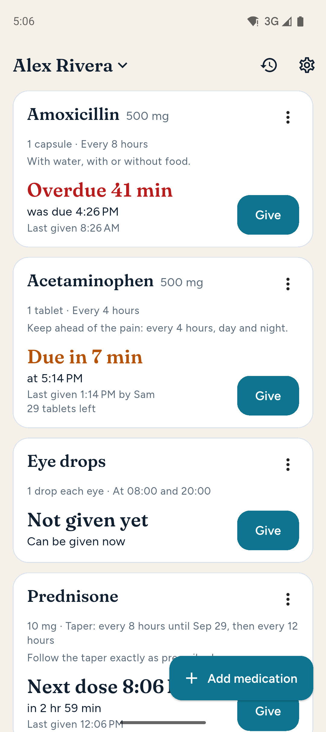 Nexpill's home screen: one patient's medications, an overdue dose at the top and the next due in minutes